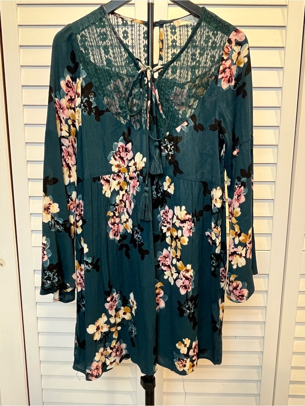 Altar'd State Teal Floral Lace-Yoke Long Sleeve Dress